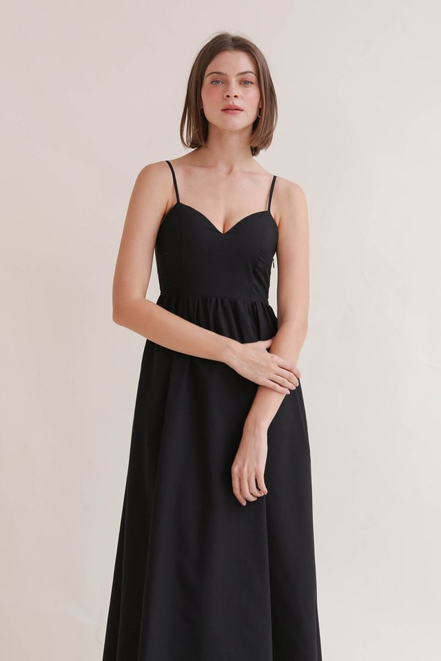 RUMI PADDED SWEETHEART POPLIN DRESS BLACK 