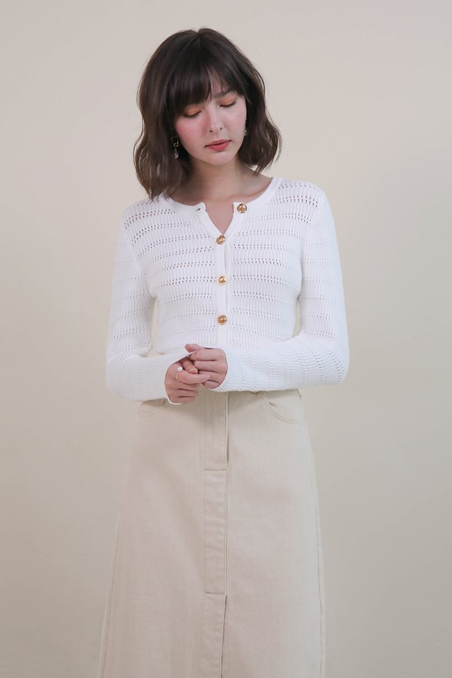 GISELLE GOLD BUTTON CARDIGAN WHITE 