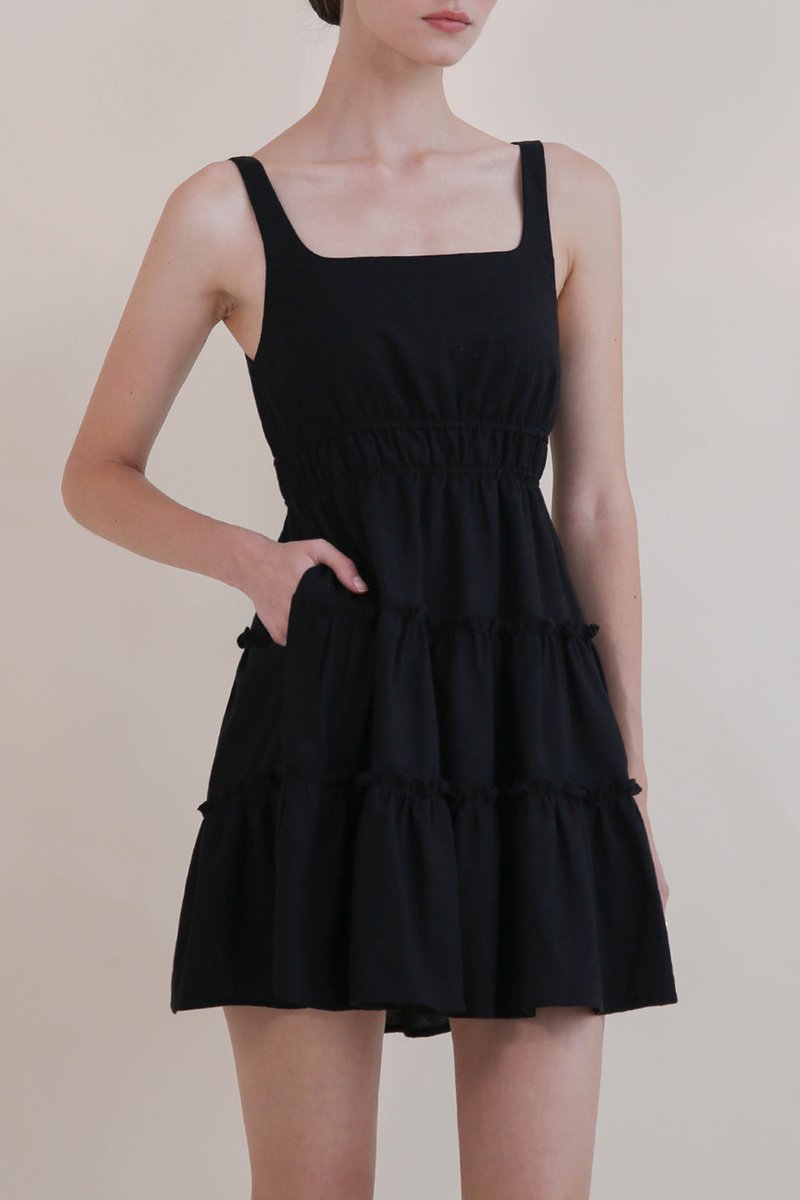 MARILYN LINEN TIERED DRESS BLACK | The Willow Label