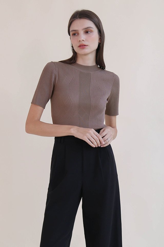 JOLYN WEAVE KNIT HIGH NECK TOP TAUPE