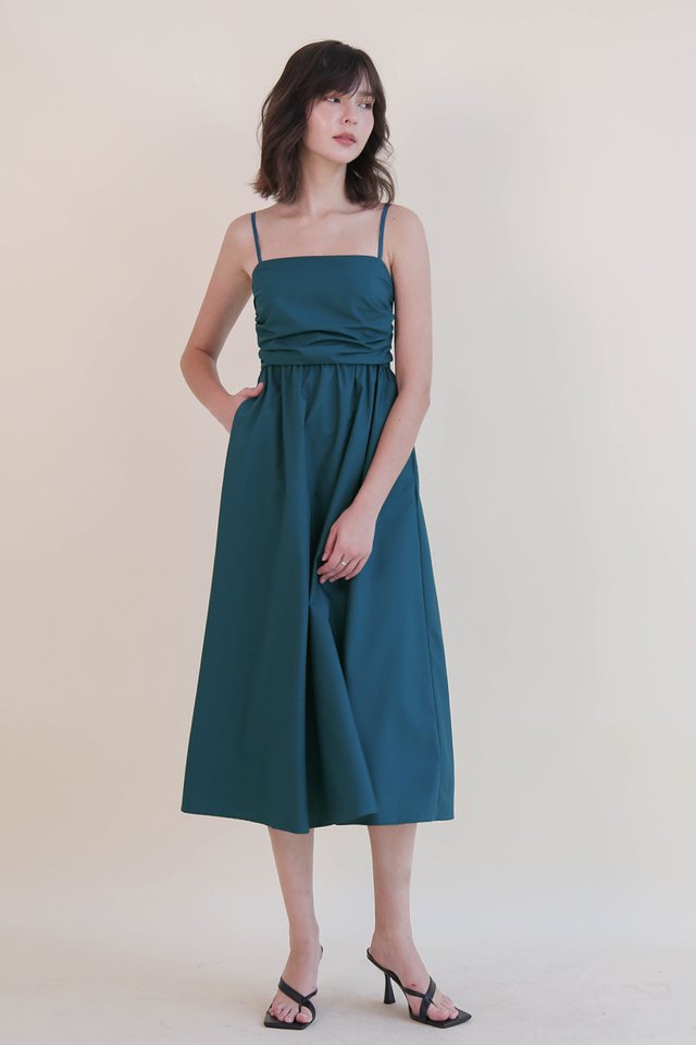 WILLA RUCHED BODICE FLARE DRESS TEAL