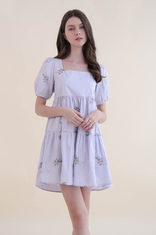 ADELINE FLORAL EMBROIDERY BABYDOLL DRESS LILAC
