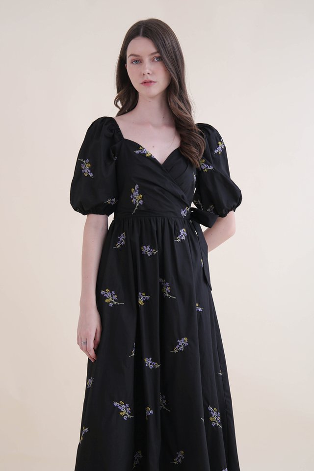 ELICIA FLORAL EMBROIDERY WRAP DRESS BLACK