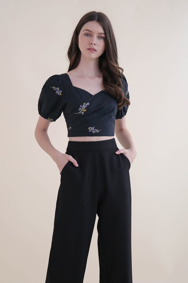 JUNE FLORAL EMBROIDERY WRAP TOP NAVY