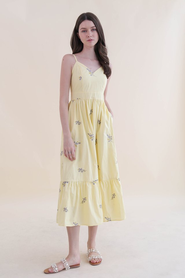 KRYSTAL FLORAL EMBROIDERY FLARE DRESS PALE YELLOW