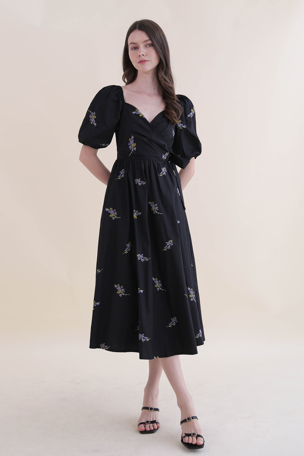 ELICIA FLORAL EMBROIDERY WRAP DRESS BLACK | The Willow Label
