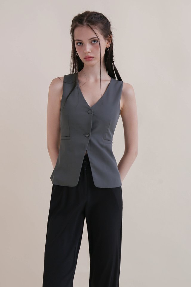 WILMA OPENFRONT BUTTON VEST TOP GREY