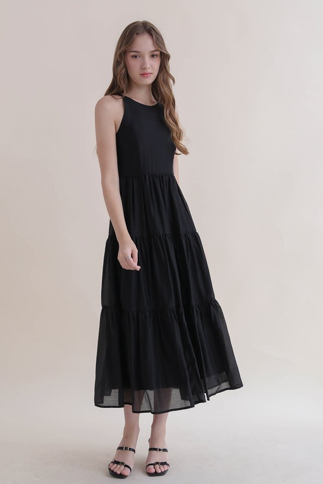 AUBRE HIGH NECK TIER DRESS BLACK