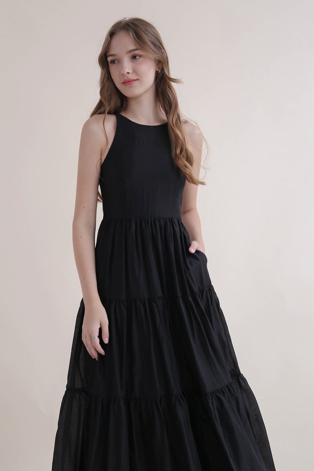 AUBRE HIGH NECK TIER DRESS BLACK