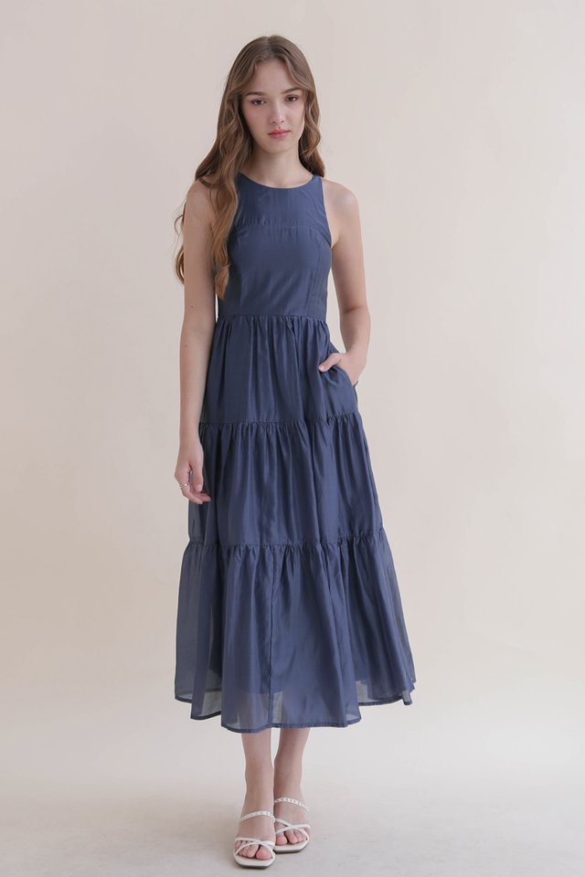 AUBRE HIGH NECK TIER DRESS OCEAN