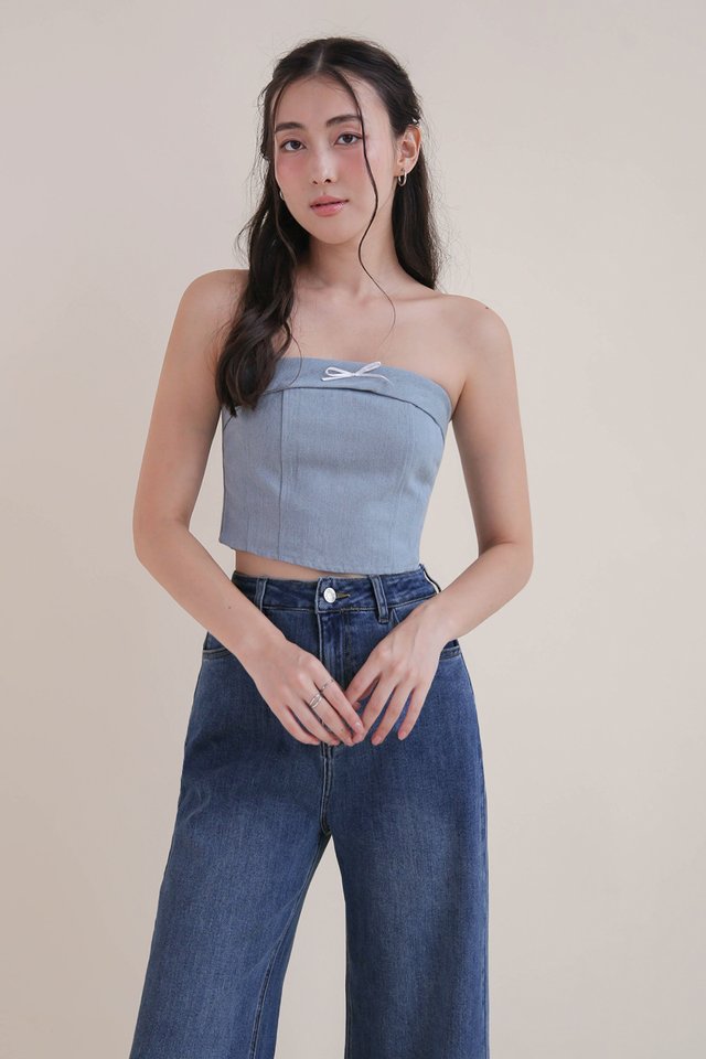 MEG DENIM RIBBON BUSTIER TOP MIDWASH