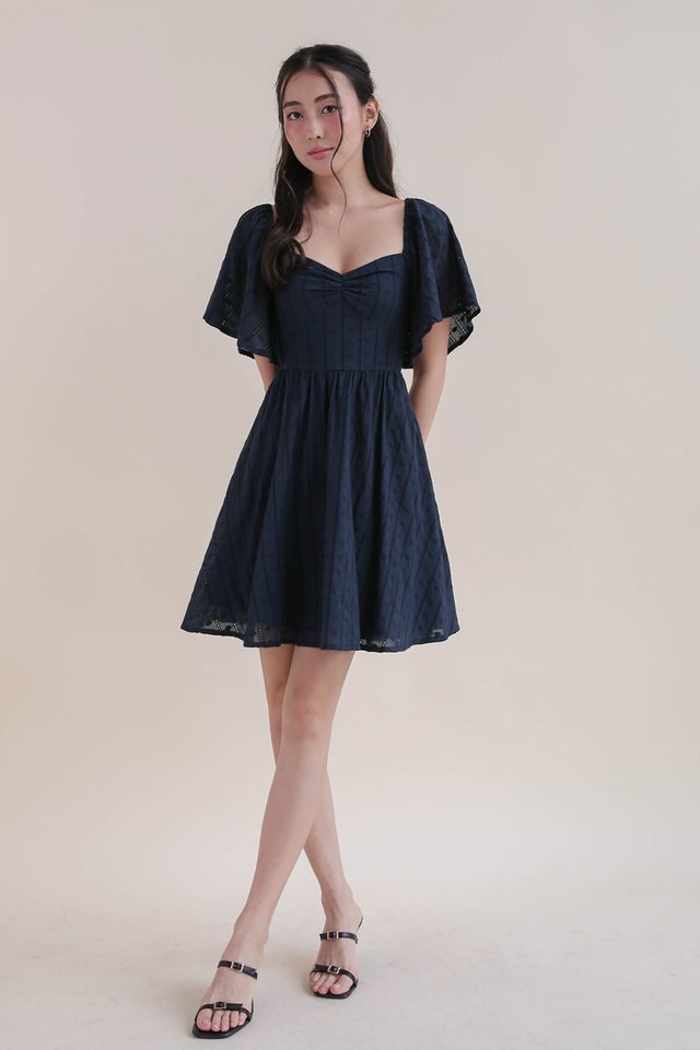 YUNAH FLUTTER SLEEVE EYELET DRESS NAVY