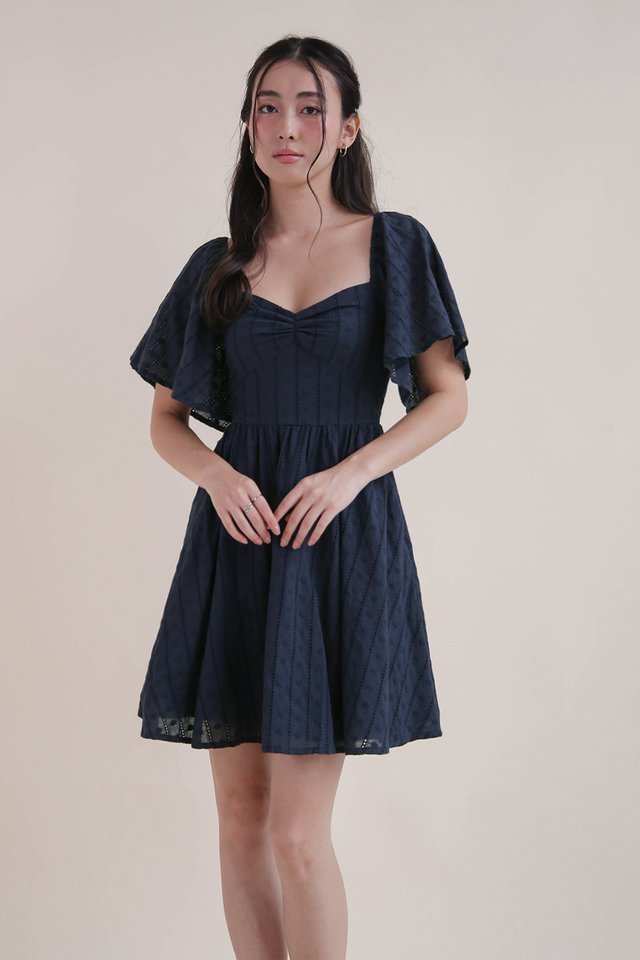 YUNAH FLUTTER SLEEVE EYELET DRESS NAVY