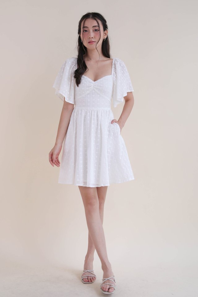 YUNAH FLUTTER SLEEVE EYELET DRESS WHITE