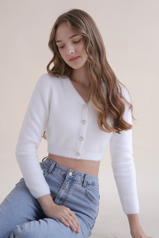 DEBBIE FUZZY CROP CARDIGAN WHITE 