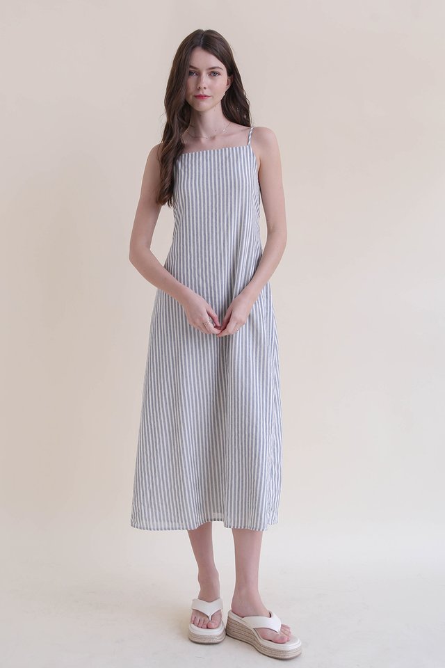 KADE STRIPED LINEN DRESS DARK BLUE