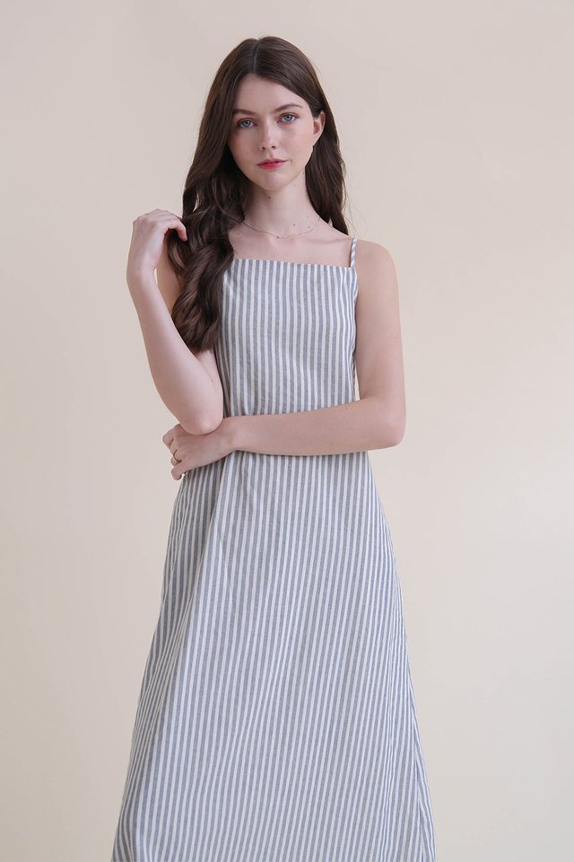 KADE STRIPED LINEN DRESS DARK BLUE