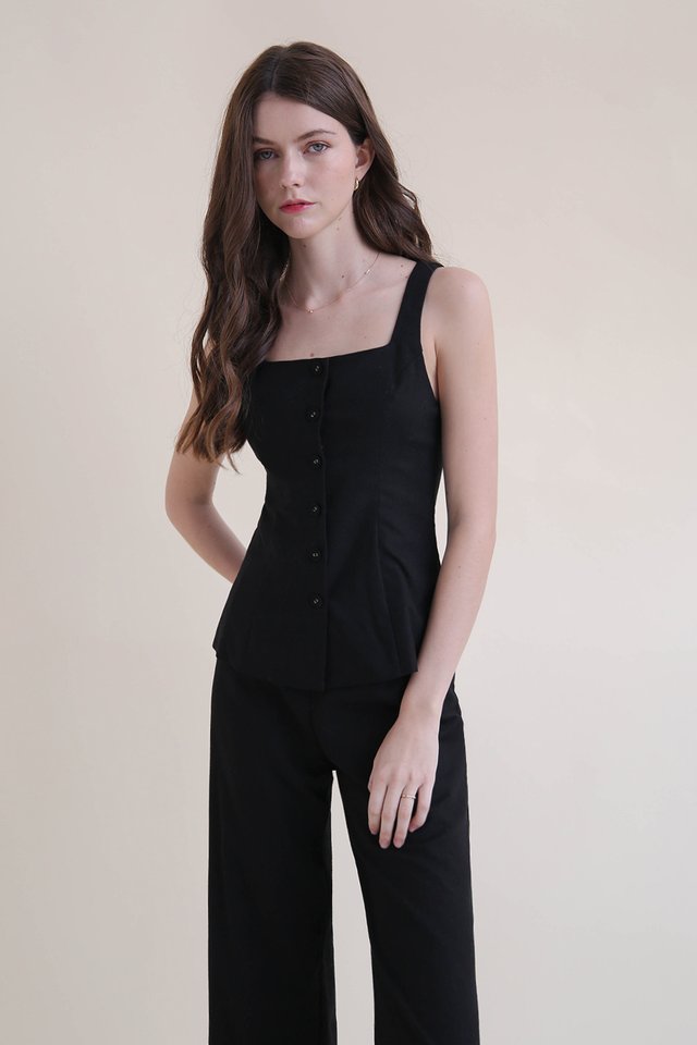 ALEGRA LINEN BUTTON VEST TOP BLACK