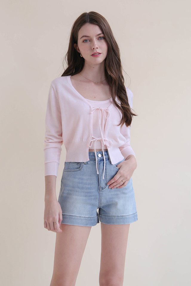 HAILEE BOW TIE CARDIGAN SET SOFT PINK