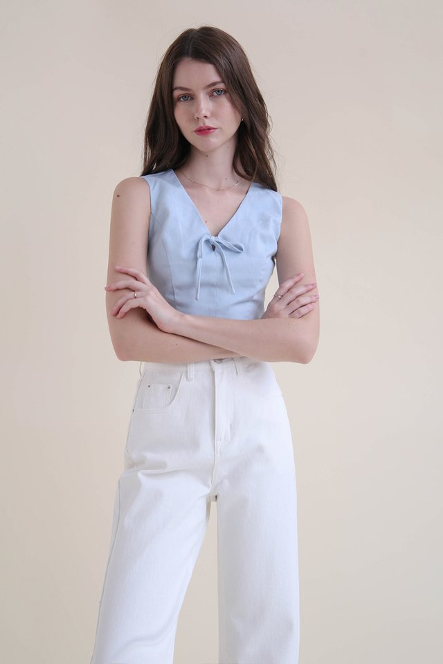 VALE LINEN RIBBON TOP BLUE