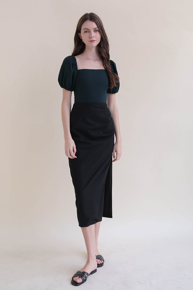 YARA RUCHED LINEN SKIRT BLACK