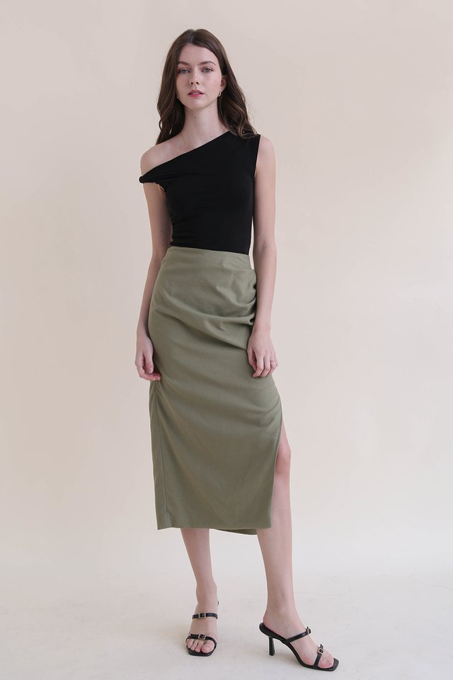 YARA RUCHED LINEN SKIRT THYME