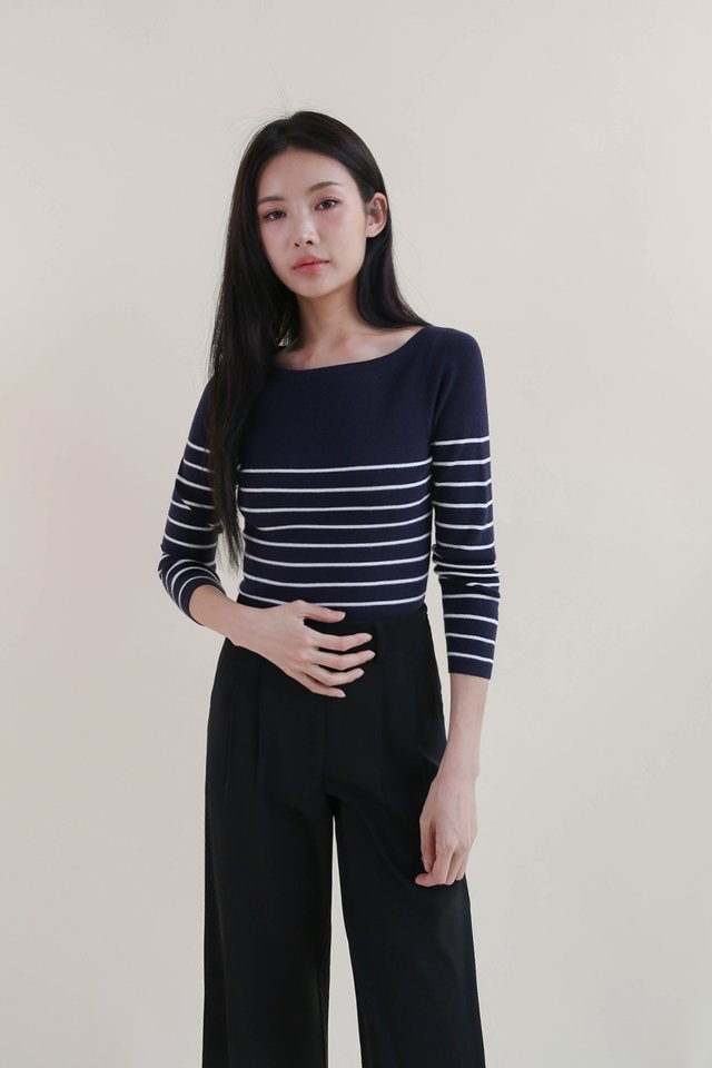 WYNTER FITTED BOATNECK SLEEVED TOP STRIPED NAVY