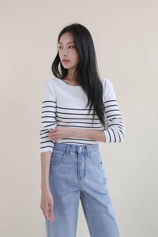 WYNTER FITTED BOATNECK SLEEVED TOP STRIPED WHITE