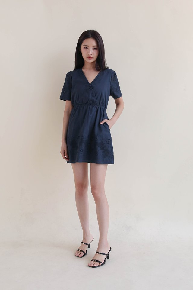 BONNIE EYELET WRAP DRESS NAVY