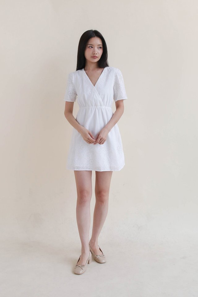 BONNIE EYELET WRAP DRESS WHITE