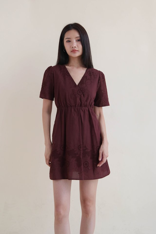 BONNIE EYELET WRAP DRESS WINE