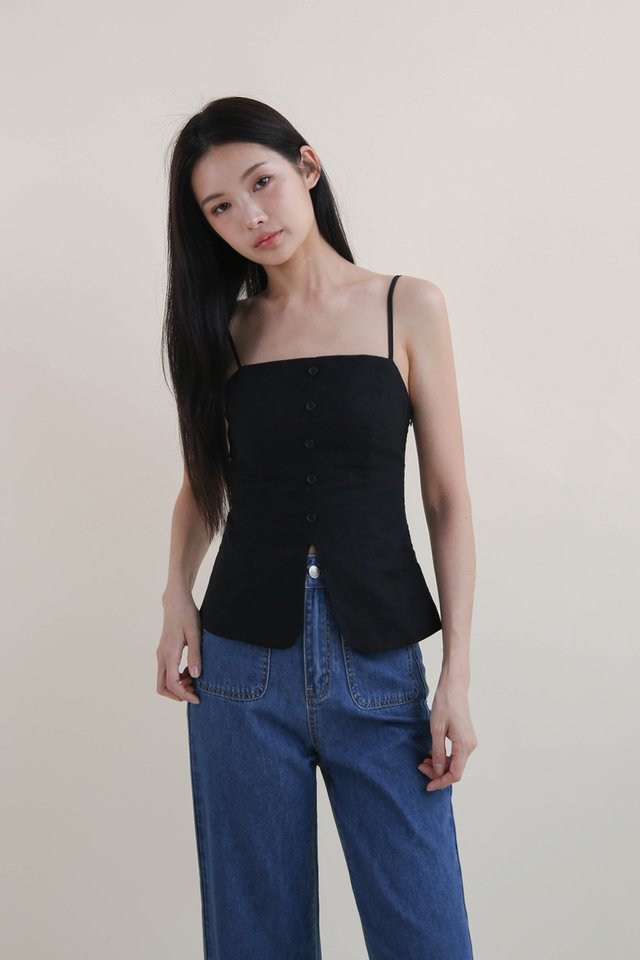 CORINE LINEN BUTTON TOP BLACK