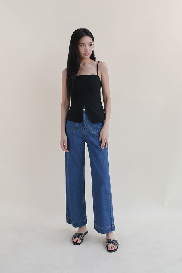 CORINE LINEN BUTTON TOP BLACK