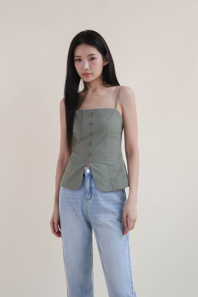 CORINE LINEN BUTTON TOP GREEN