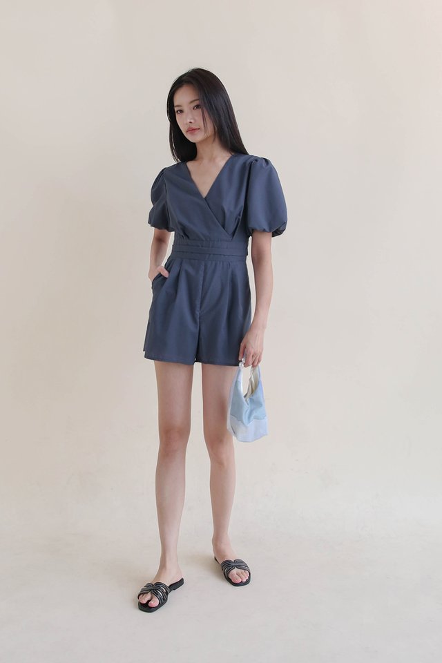 SADIE PUFF SLEEVE ROMPER STEEL BLUE