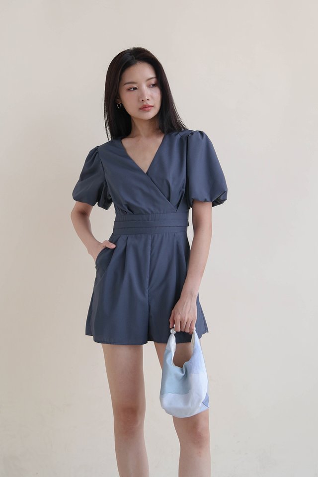 SADIE PUFF SLEEVE ROMPER STEEL BLUE