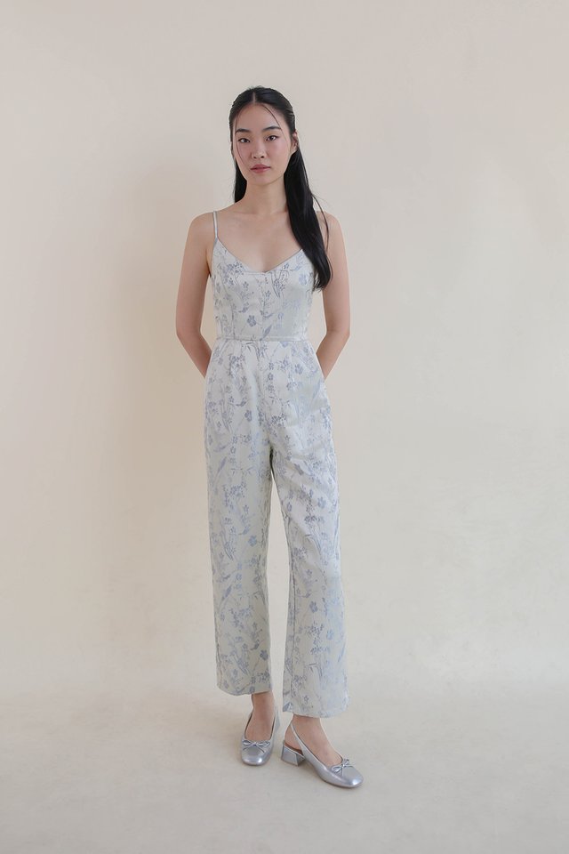 XIN FLORAL BROCADE JUMPSUIT BLUE