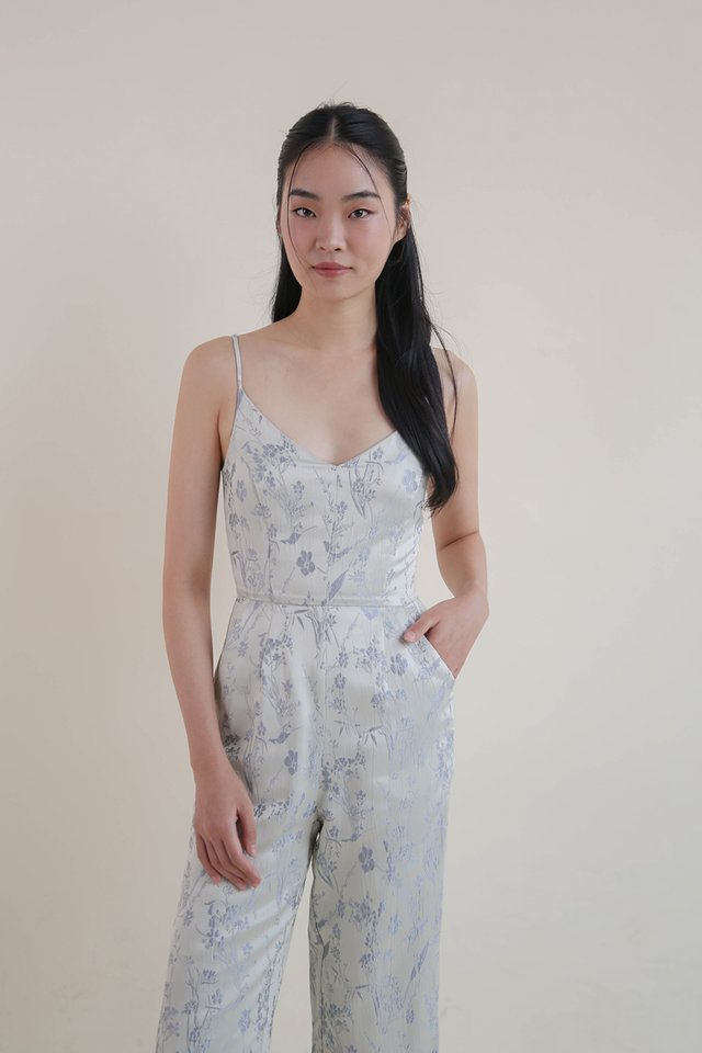 XIN FLORAL BROCADE JUMPSUIT BLUE