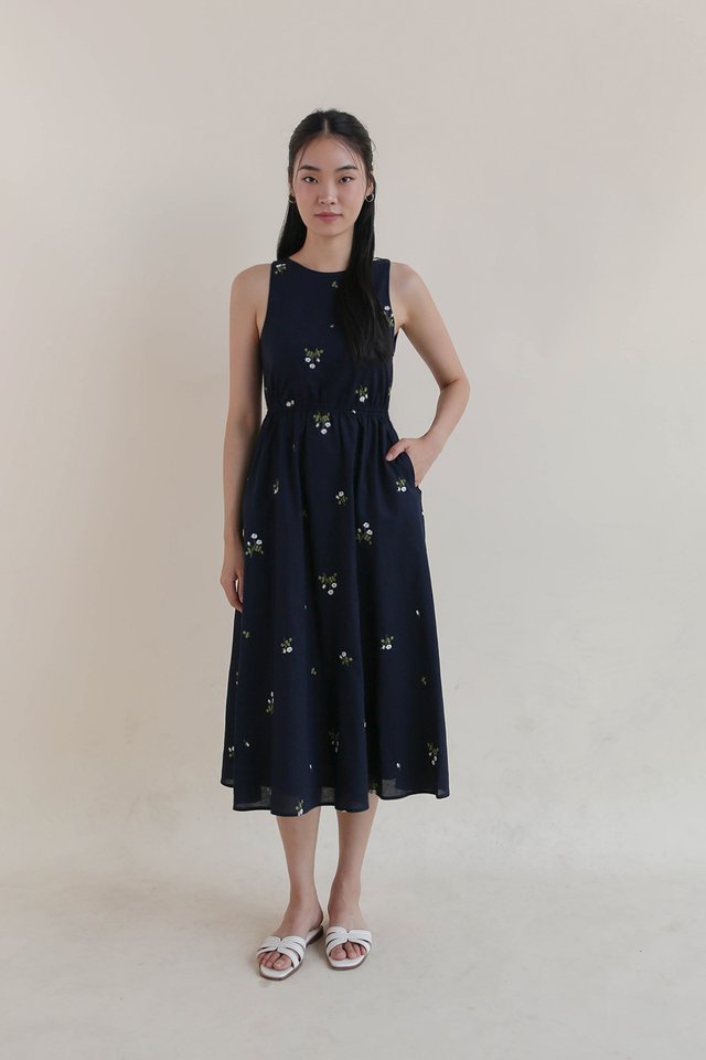 AMANI OPENBACK LINEN DRESS NAVY