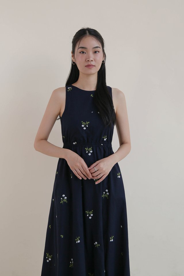 AMANI OPENBACK LINEN DRESS NAVY