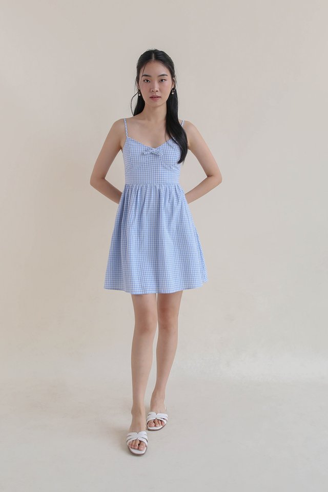 CECI BOW FLARE DRESS BLUE GINGHAM