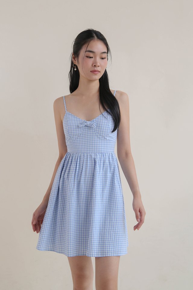 CECI BOW FLARE DRESS BLUE GINGHAM