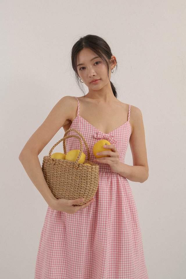 CECI BOW FLARE DRESS PINK GINGHAM