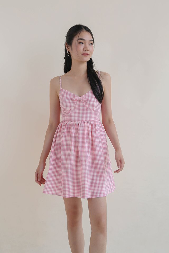 CECI BOW FLARE DRESS PINK GINGHAM