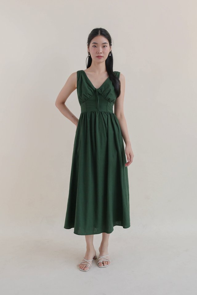 CYNDI LINEN RIBBON DRESS MATCHA