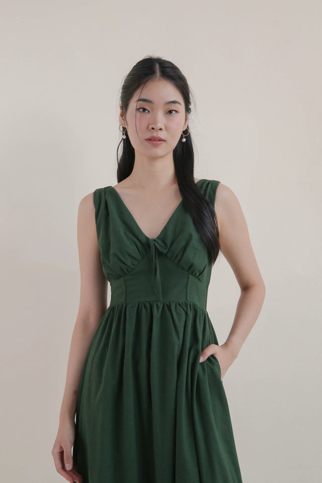 CYNDI LINEN RIBBON DRESS MATCHA