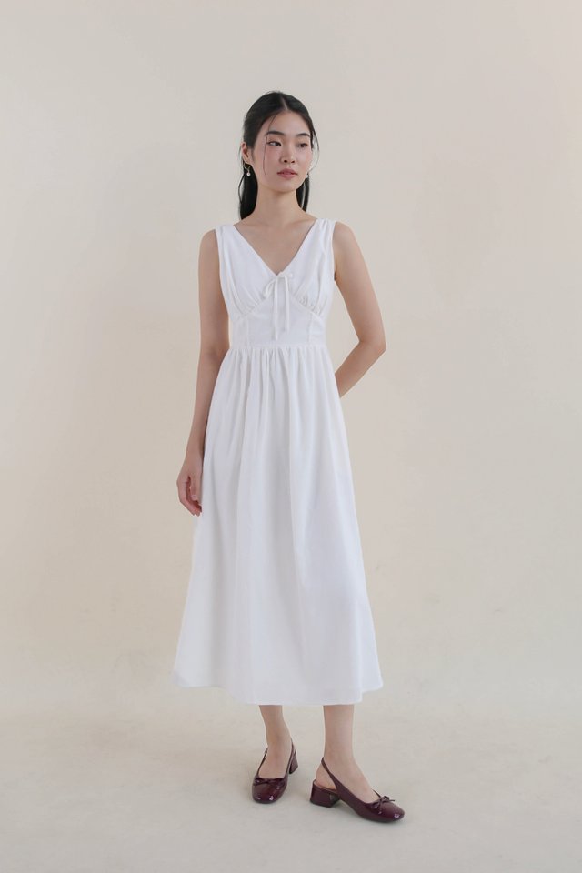 CYNDI LINEN RIBBON DRESS WHITE