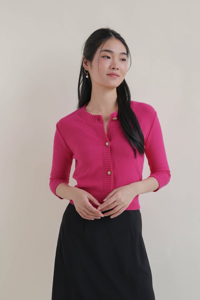 ELIZA GOLD BUTTON KNIT CARDIGAN HOT PINK