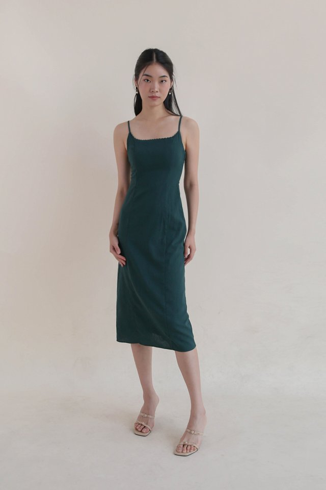 LINDSAY LACE TRIM LINEN DRESS FOREST