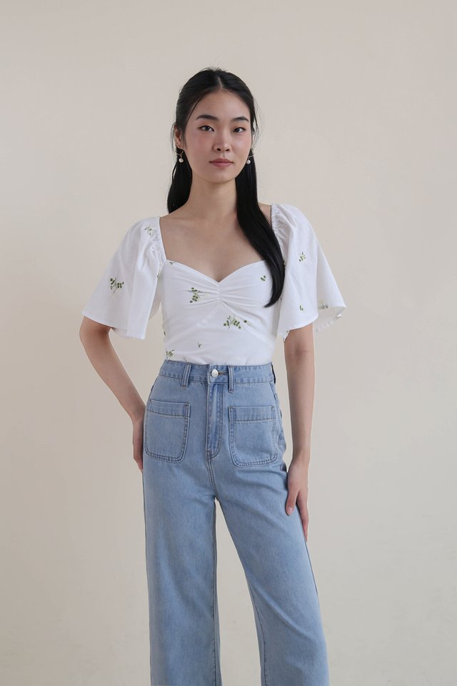 MARA FLORAL EMBROIDERY LINEN TOP WHITE